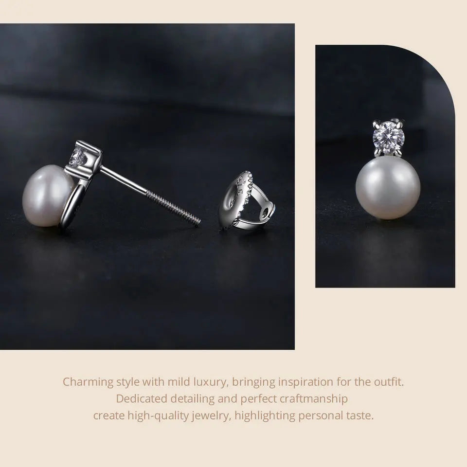 Freshwater Pearl & Moissanite Stud Earrings - small pearl front and side detail