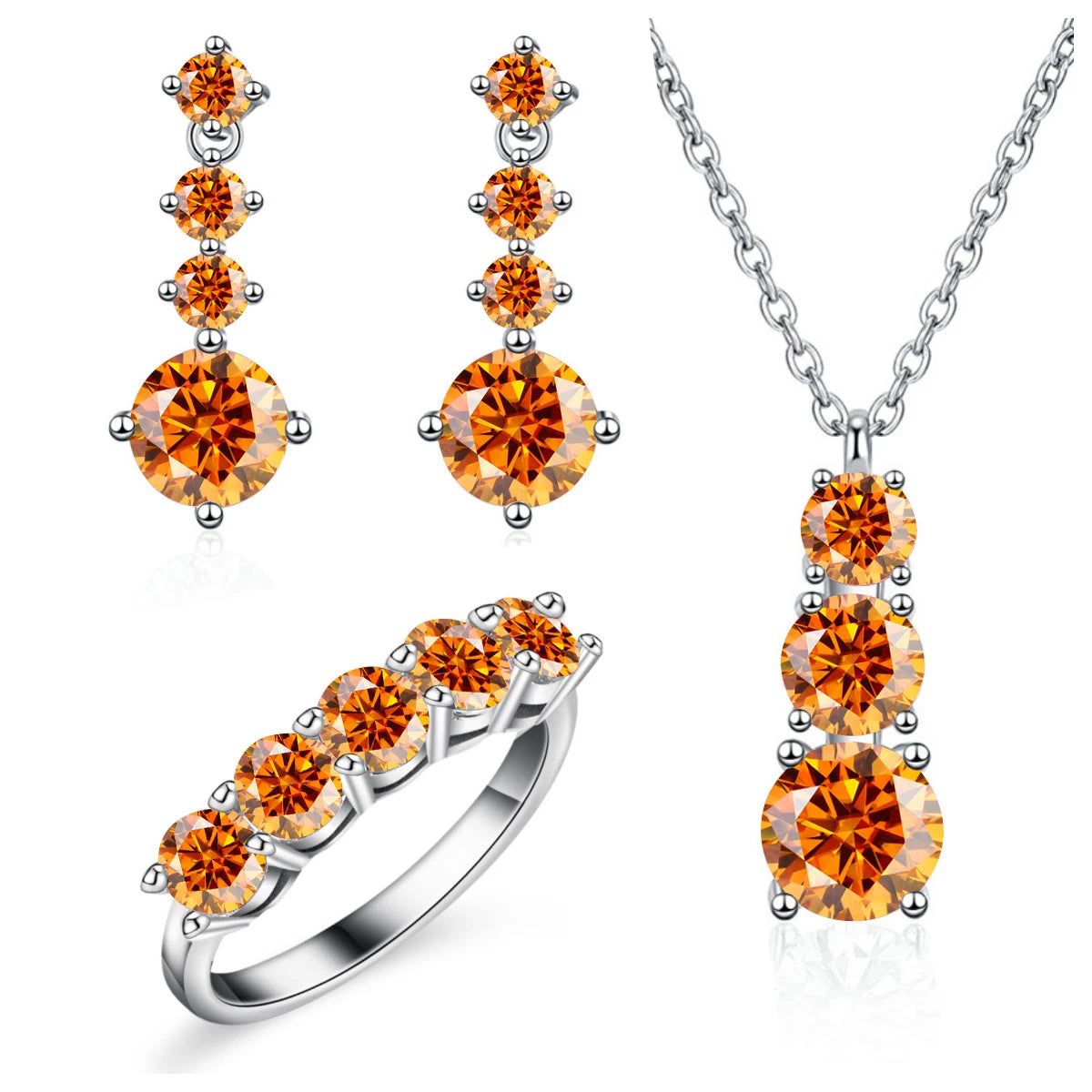 Graduated Moissanite Necklace, Drop Earrings & Ring Set - Orange set