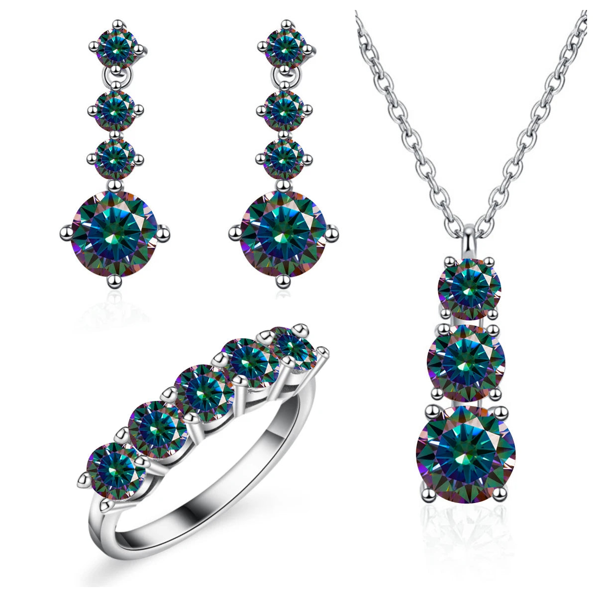 Graduated Moissanite Necklace, Drop Earrings & Ring Set - Rainbow set