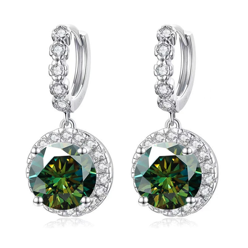Colored Round Halo Moissanite Hoop Drop Earrings — Dark green
