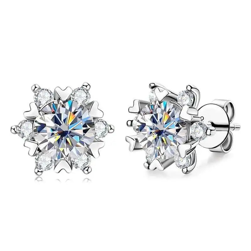 Snowflake Halo Moissanite Stud Earrings in Sterling Silver — Front and side