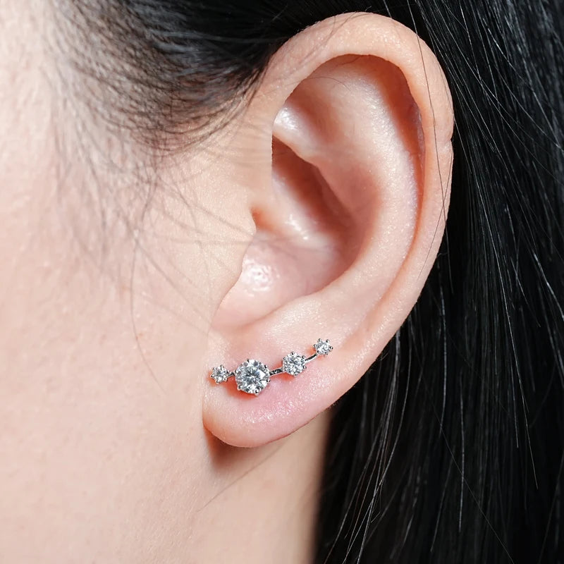 Four-Stone Moissanite Ear Climber Studs in Sterling Silver — Shown on ear