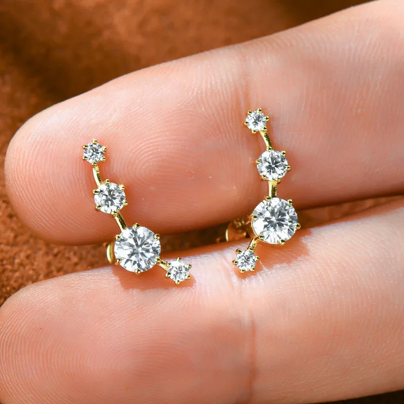 Four-Stone Moissanite Ear Climber Studs in Sterling Silver — Gold-tone on hand