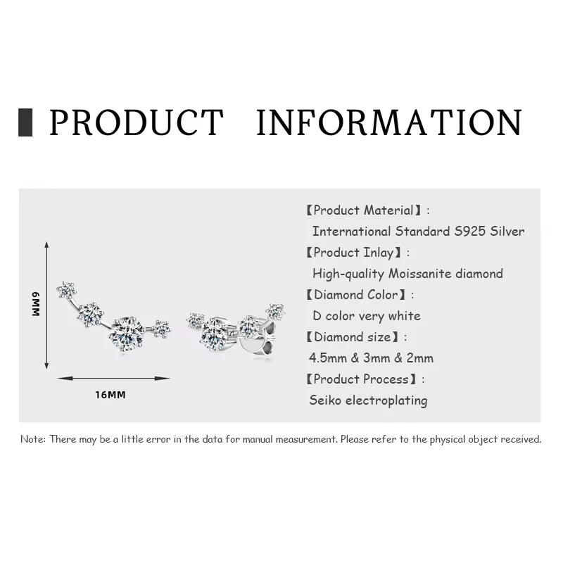 Four-Stone Moissanite Ear Climber Studs in Sterling Silver — 16 mm length guide