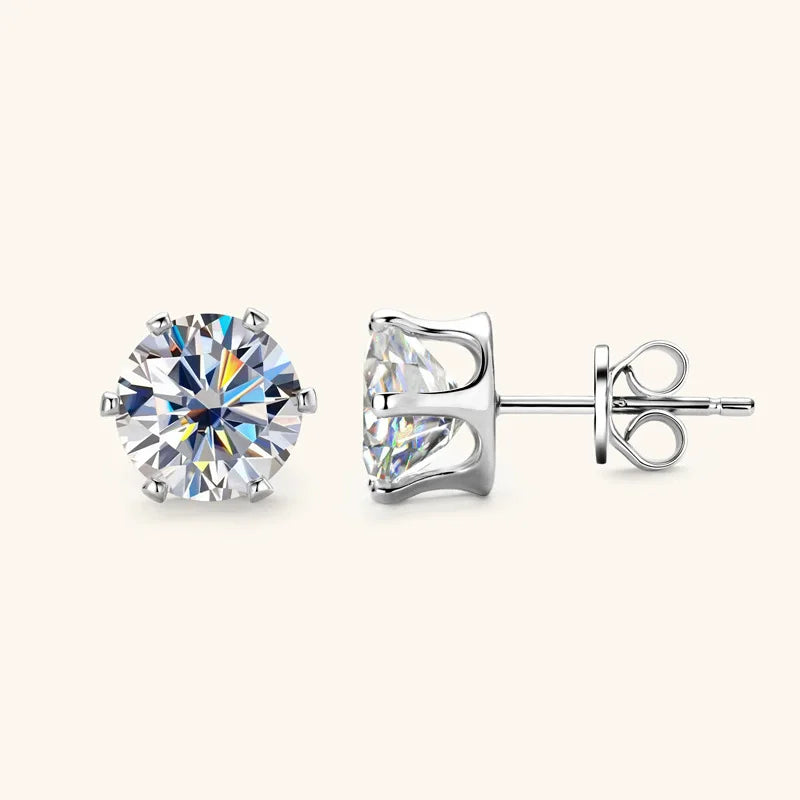 Round Moissanite Solitaire Stud Earrings in Sterling Silver — Front and side views
