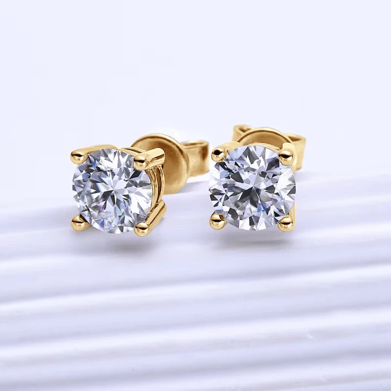 Four-Prong Round Moissanite Stud Earrings in Silver — Gold-tone studs from front