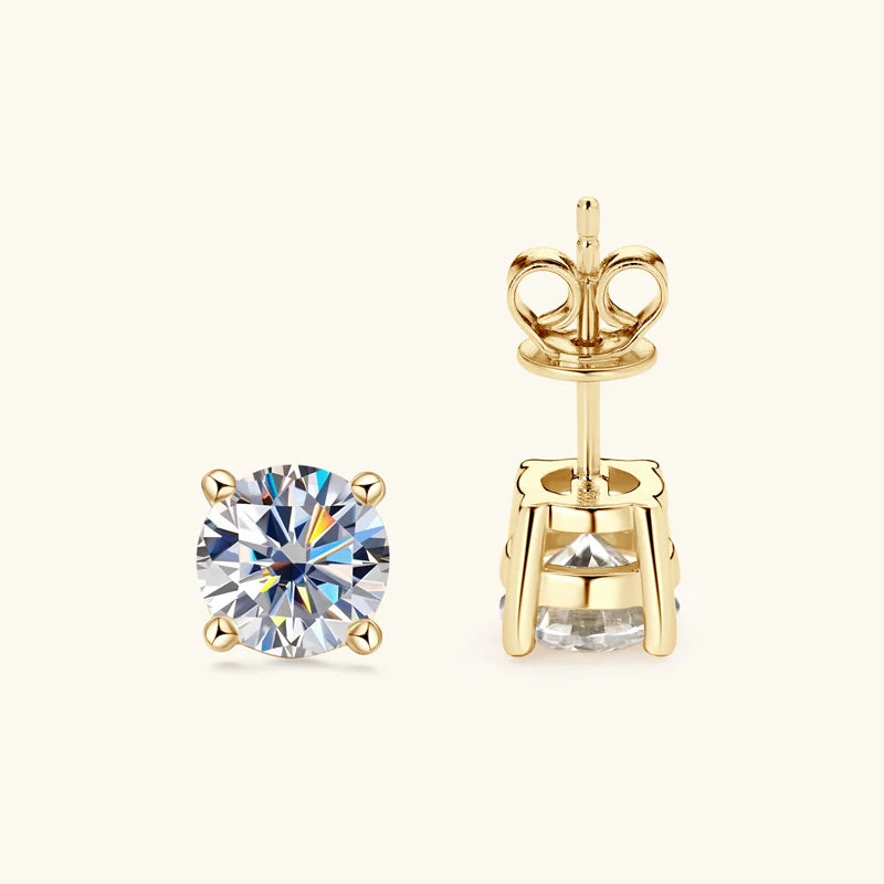 Four-Prong Round Moissanite Stud Earrings in Silver — Gold-tone basket detail