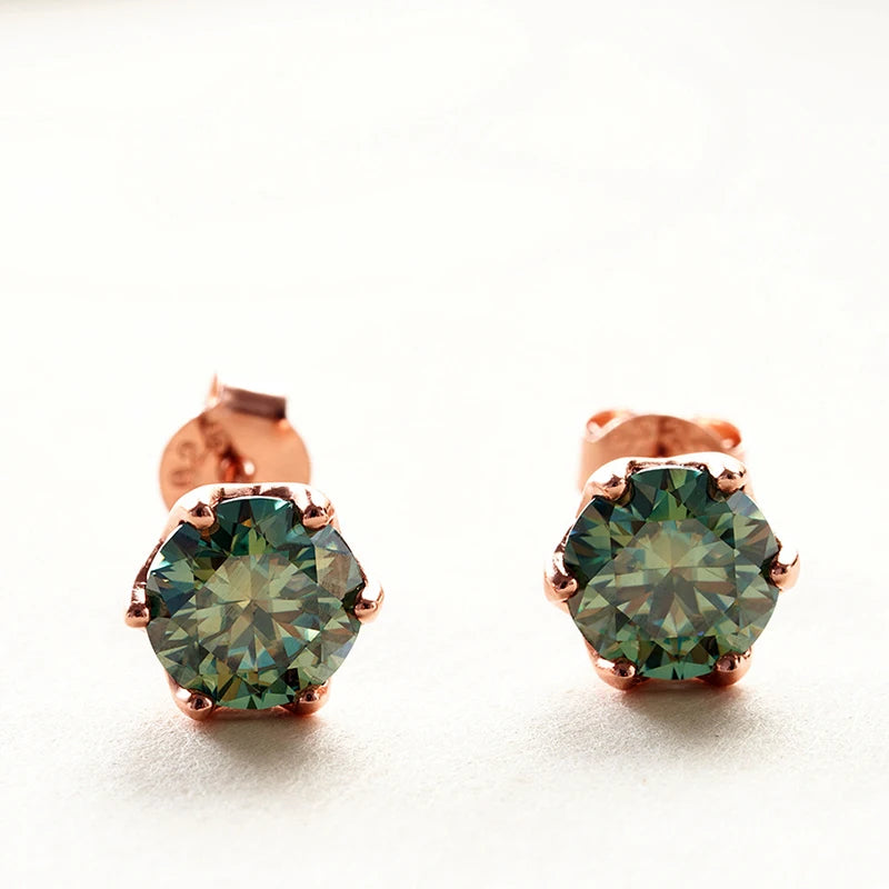 Rose Gold-Tone Colored Moissanite Six-Prong Stud Earrings — Green stones