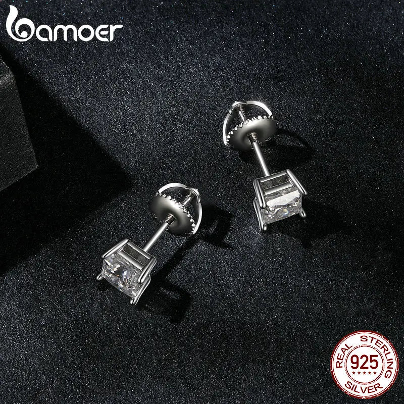 Round & Square Moissanite Screw-Back Stud Earrings in Silver — Square post detail