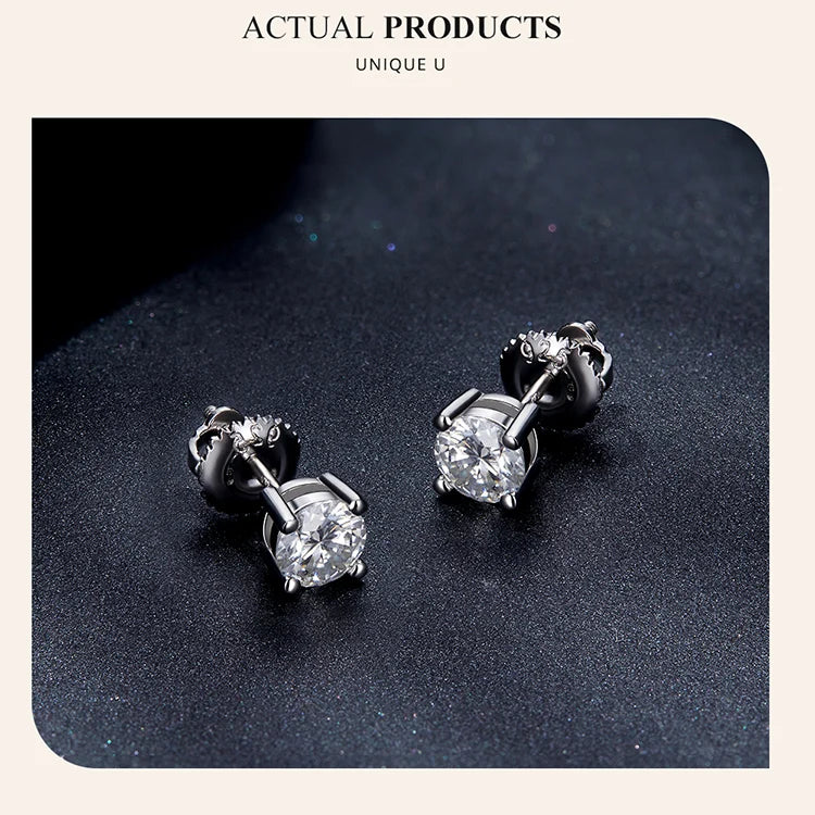 Round & Square Moissanite Screw-Back Stud Earrings in Silver — Round pair