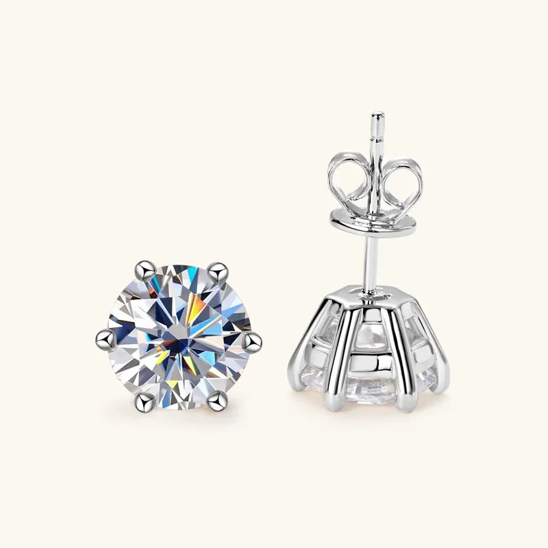Round Moissanite Stud Earrings in Silver & Gold-Tone Settings — Silver six-prong detail