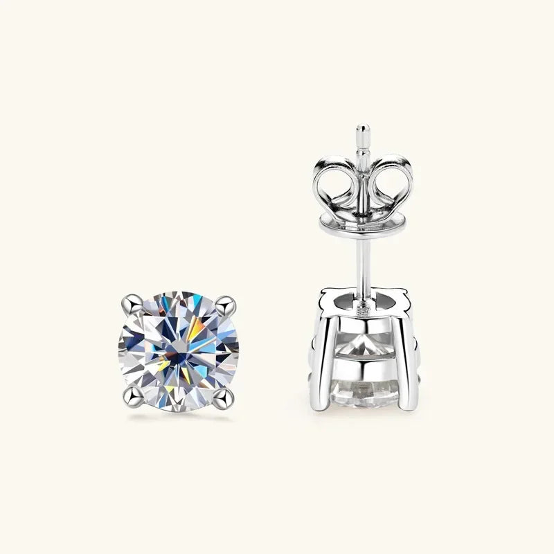 Round Moissanite Stud Earrings in Silver & Gold-Tone Settings — Silver four-prong option