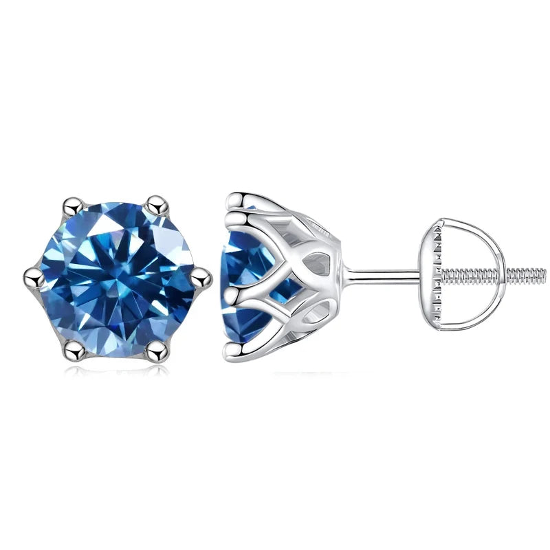 Colored Six-Prong Moissanite Screw-Back Stud Earrings — Royal blue