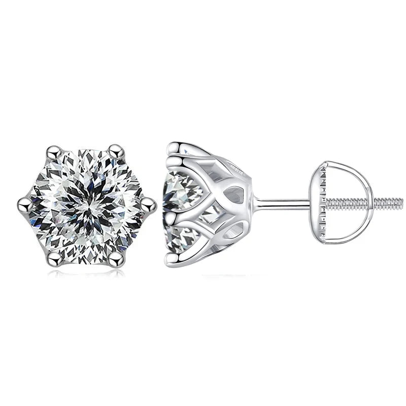 Colored Six-Prong Moissanite Screw-Back Stud Earrings — White 100-facet cut