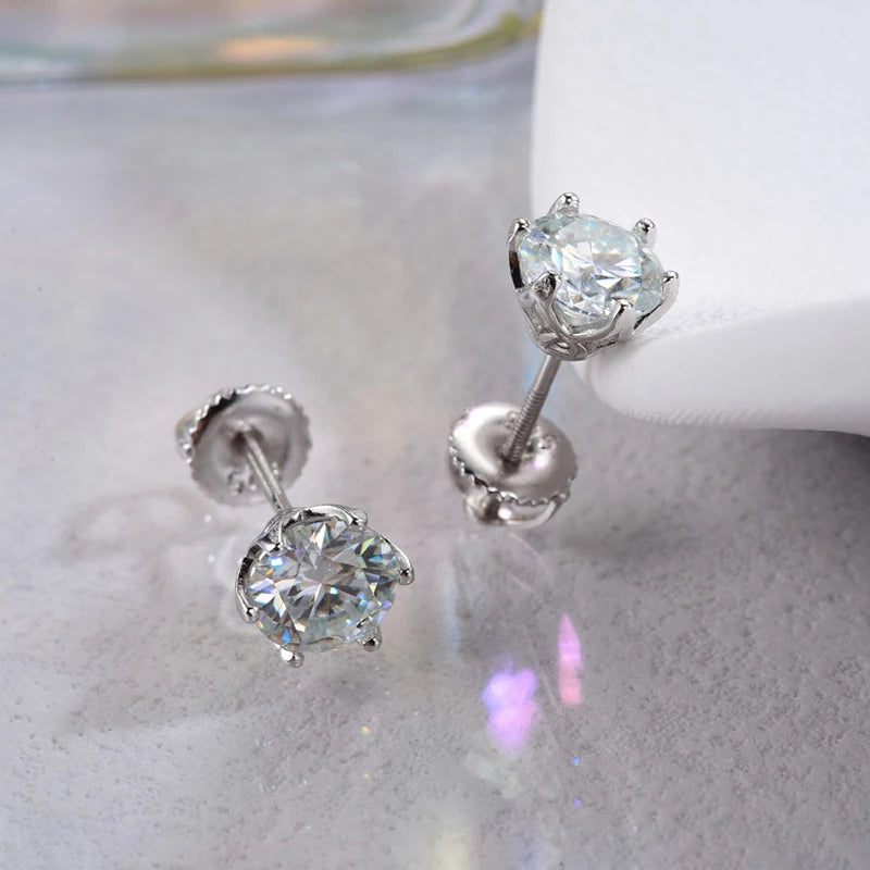 Colored Six-Prong Moissanite Screw-Back Stud Earrings — Silver pair