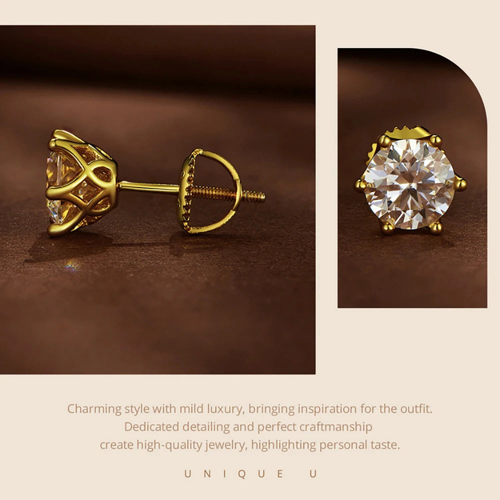 Colored Six-Prong Moissanite Screw-Back Stud Earrings — Gold-tone setting detail