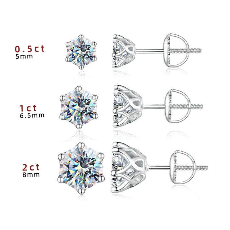 Colored Six-Prong Moissanite Screw-Back Stud Earrings — White stone-size comparison