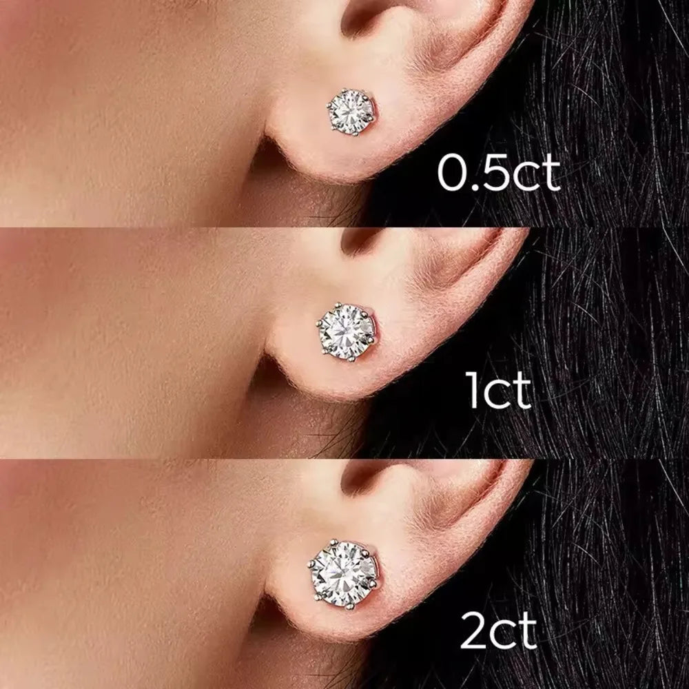 Colored Six-Prong Moissanite Stud Earrings in Sterling Silver — Sizes shown on ear