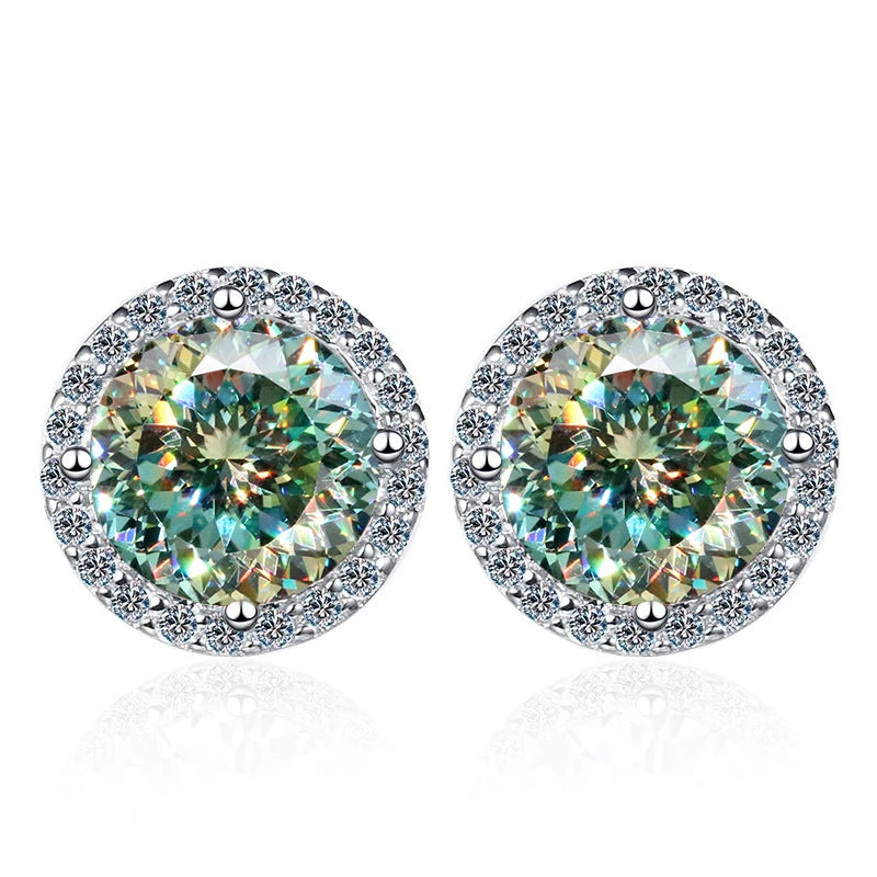 Colored Round Halo Moissanite Stud Earrings in Silver - Green 100 Series centers