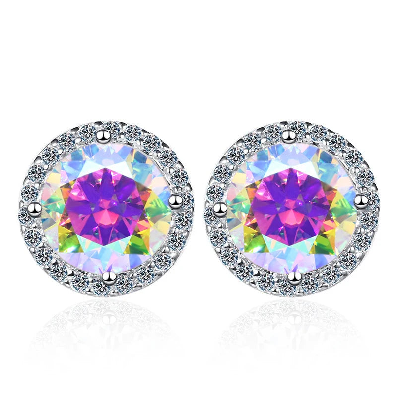 Colored Round Halo Moissanite Stud Earrings in Silver - Multicolor centers