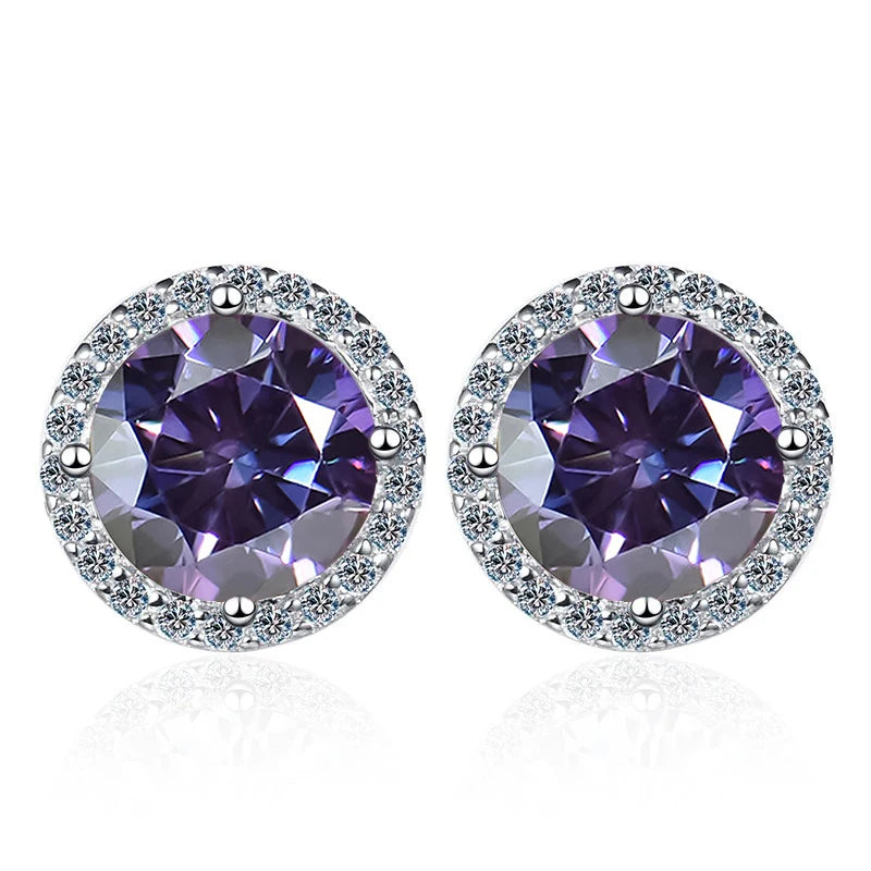 Colored Round Halo Moissanite Stud Earrings in Silver - Violet centers