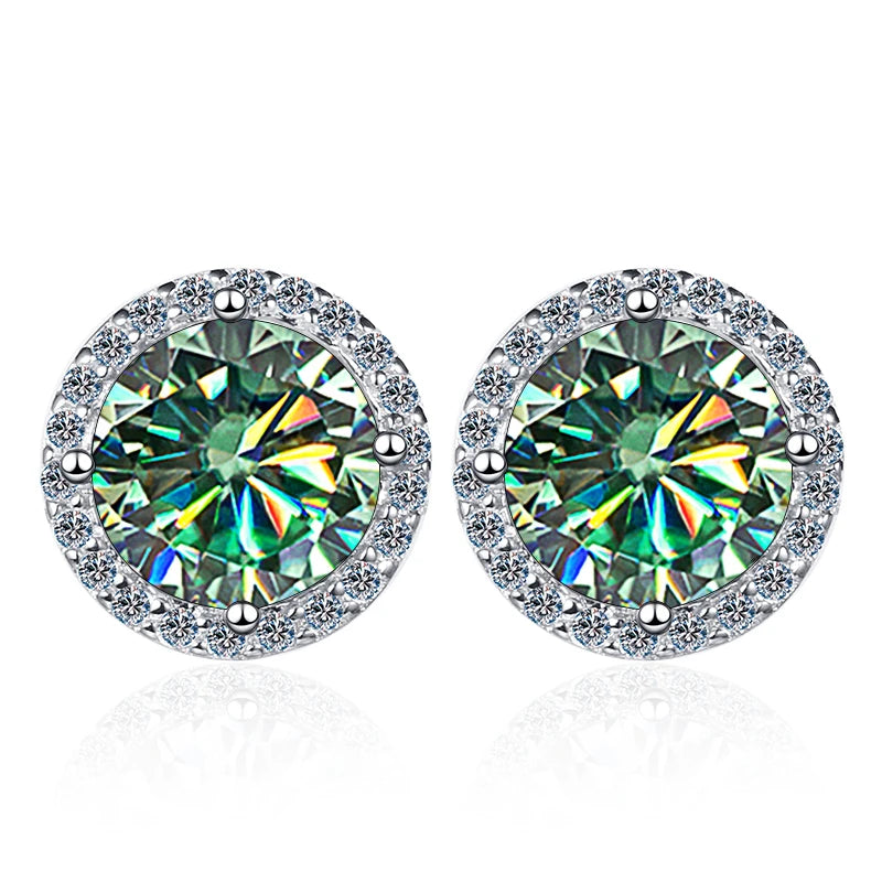 Colored Round Halo Moissanite Stud Earrings in Silver - Blue green centers