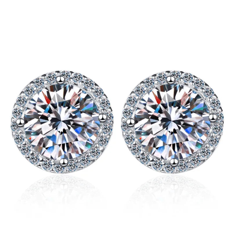 Colored Round Halo Moissanite Stud Earrings in Silver - White centers