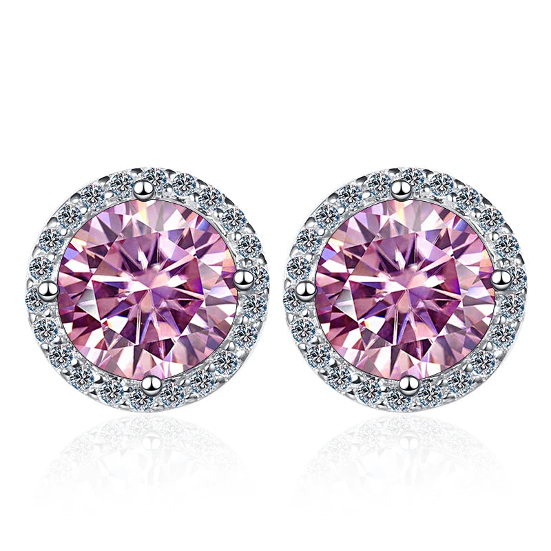 Colored Round Halo Moissanite Stud Earrings in Silver - Pink centers