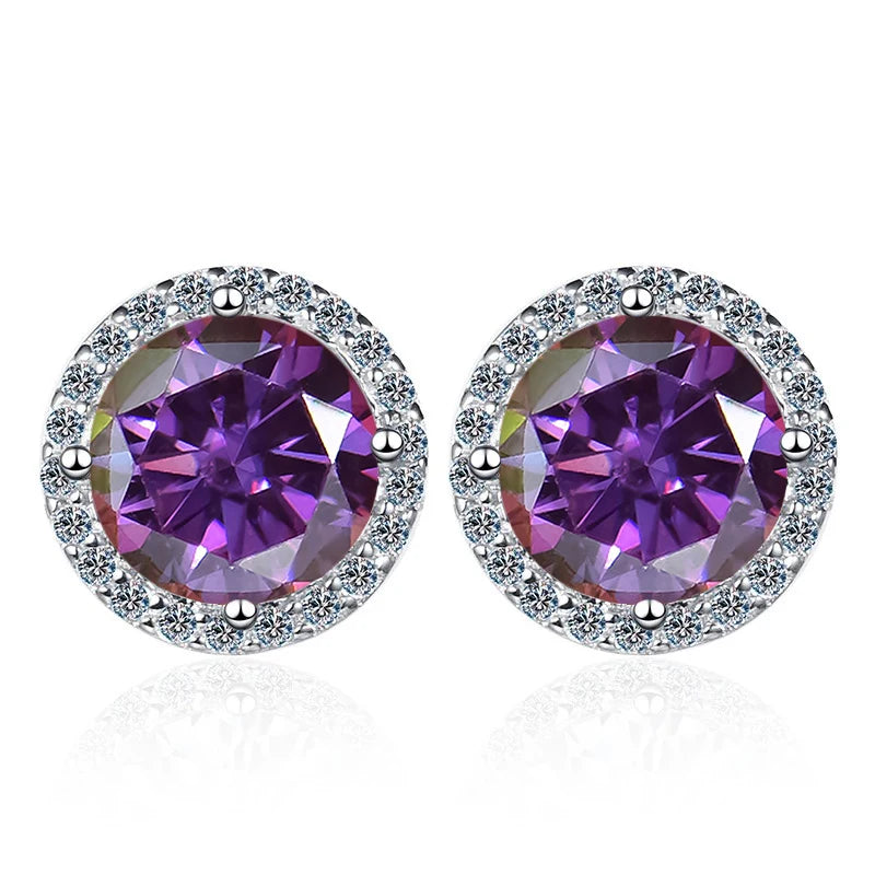 Colored Round Halo Moissanite Stud Earrings in Silver - Purplish red centers