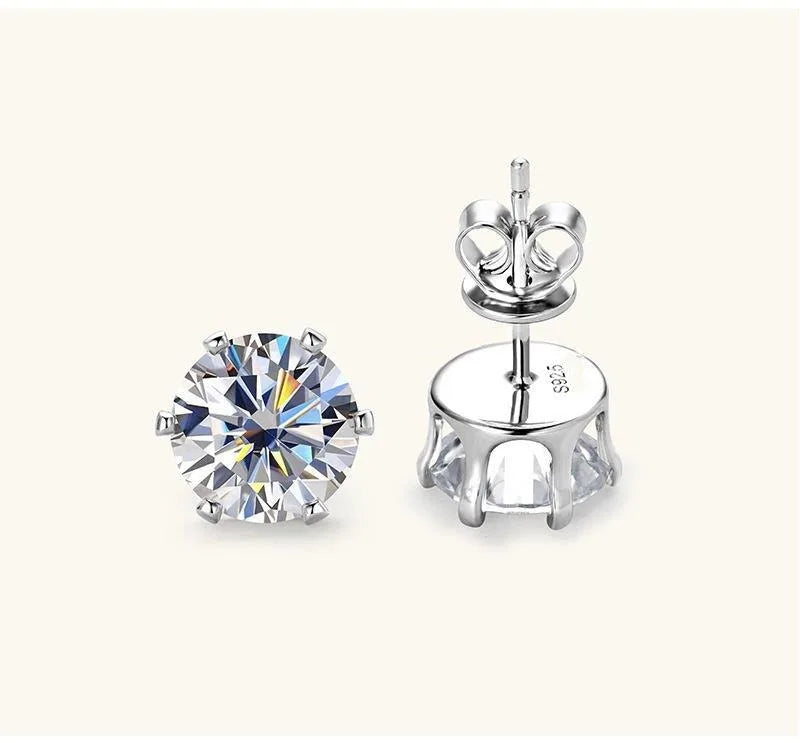 Round Moissanite Solitaire Stud Earrings in Sterling Silver — Silver pair
