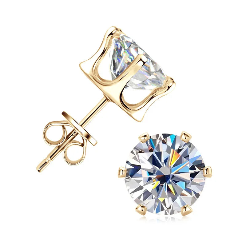 Round Moissanite Solitaire Stud Earrings in Sterling Silver — Gold-tone pair