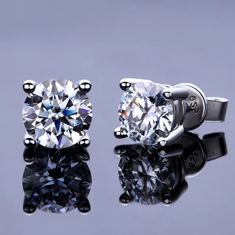 Four-Prong Round Moissanite Stud Earrings in Silver — Silver pair