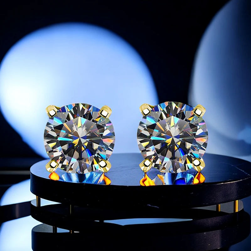 Gray Moissanite Solitaire Stud Earrings in Sterling Silver - Gold-tone pair close-up