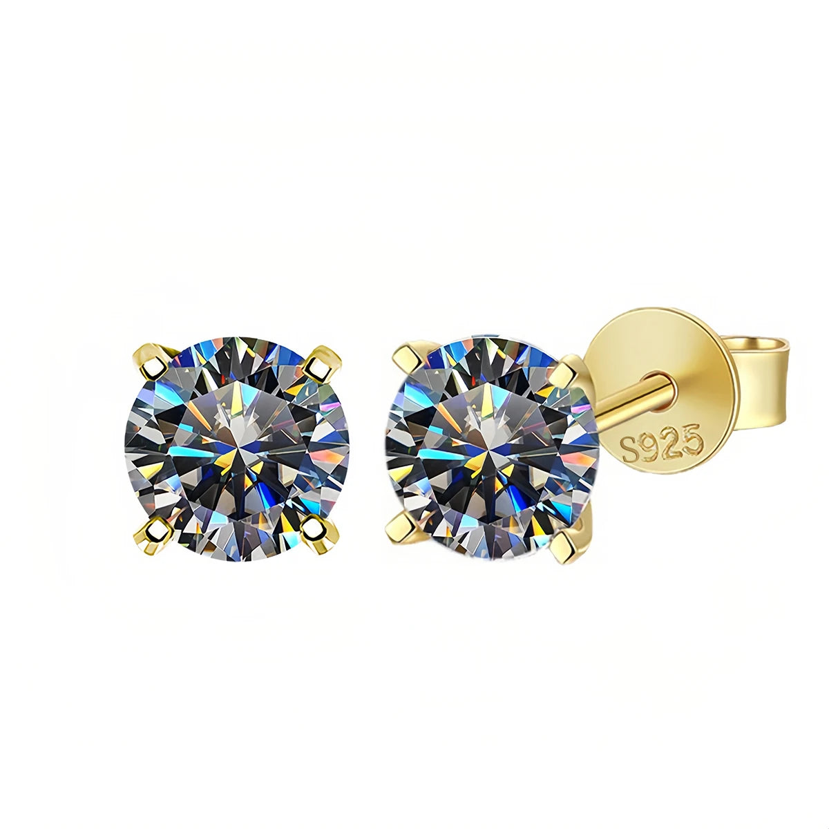 Gray Moissanite Solitaire Stud Earrings in Sterling Silver - Gold-tone front and back