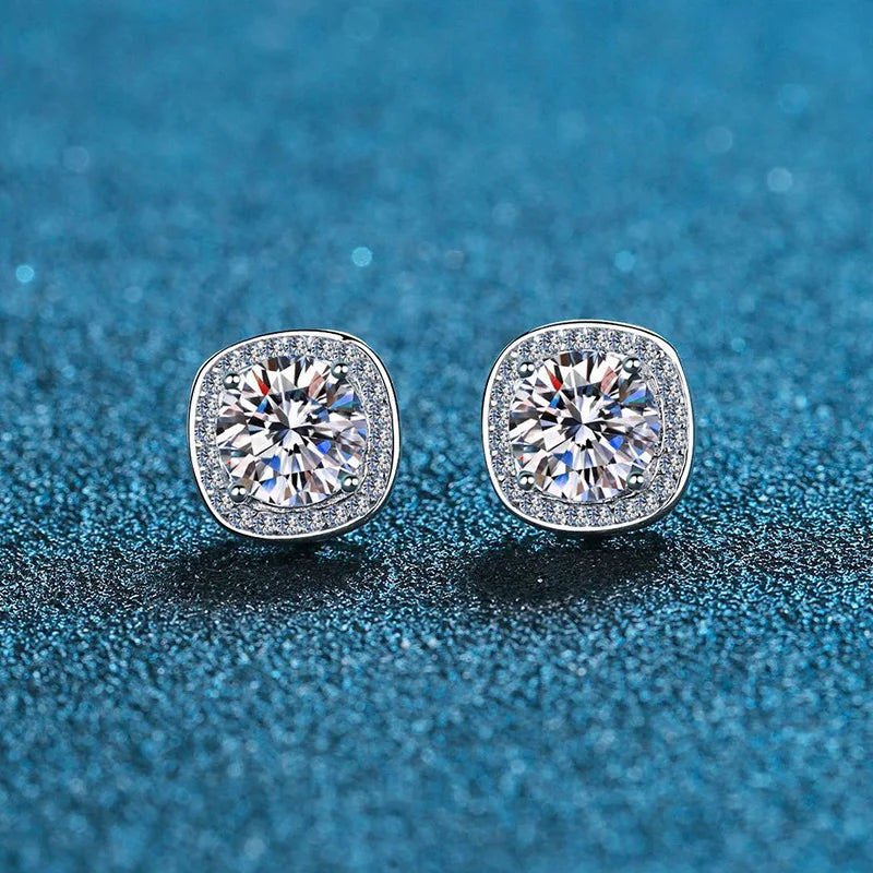 Colored Moissanite Cushion Halo Stud Earrings in Silver - White cushion halo fronts