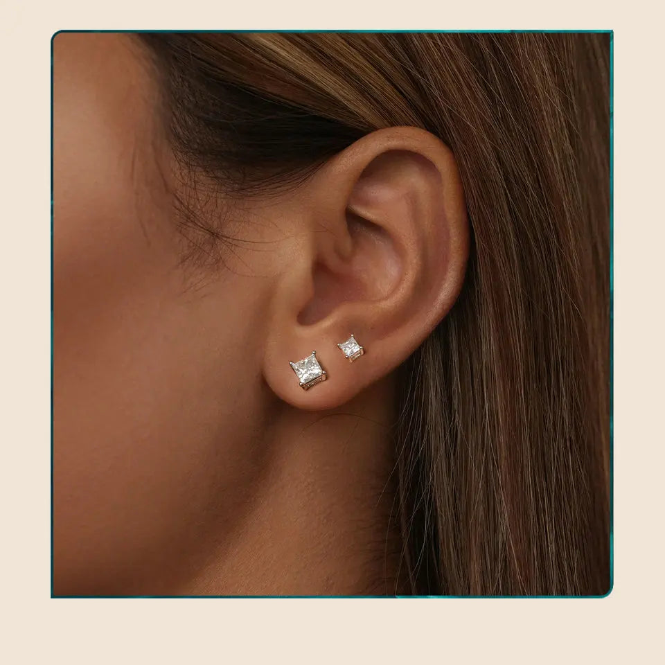 Round & Square Moissanite Screw-Back Stud Earrings in Silver — Square studs shown worn