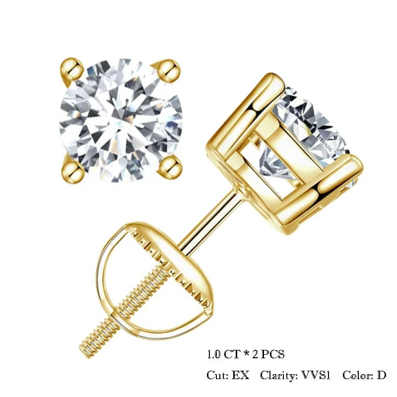 Round & Square Moissanite Screw-Back Stud Earrings in Silver — Round gold-tone 1.0CT option