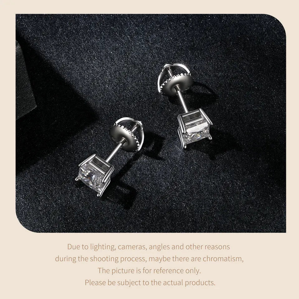 Round & Square Moissanite Screw-Back Stud Earrings in Silver — Square screw-back detail