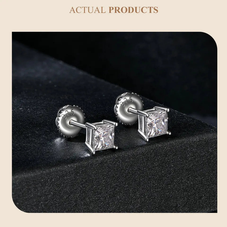 Round & Square Moissanite Screw-Back Stud Earrings in Silver — Square fronts