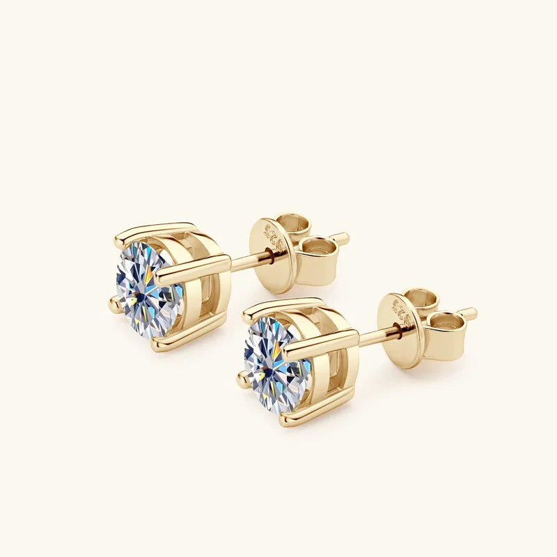 Round Moissanite Stud Earrings in Silver & Gold-Tone Settings — Gold-tone four-prong pair