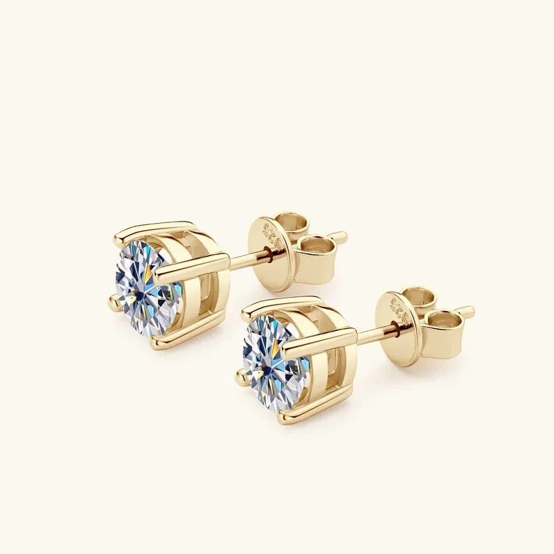 Round Moissanite Stud Earrings in Silver & Gold-Tone Settings — Gold-tone four-prong option