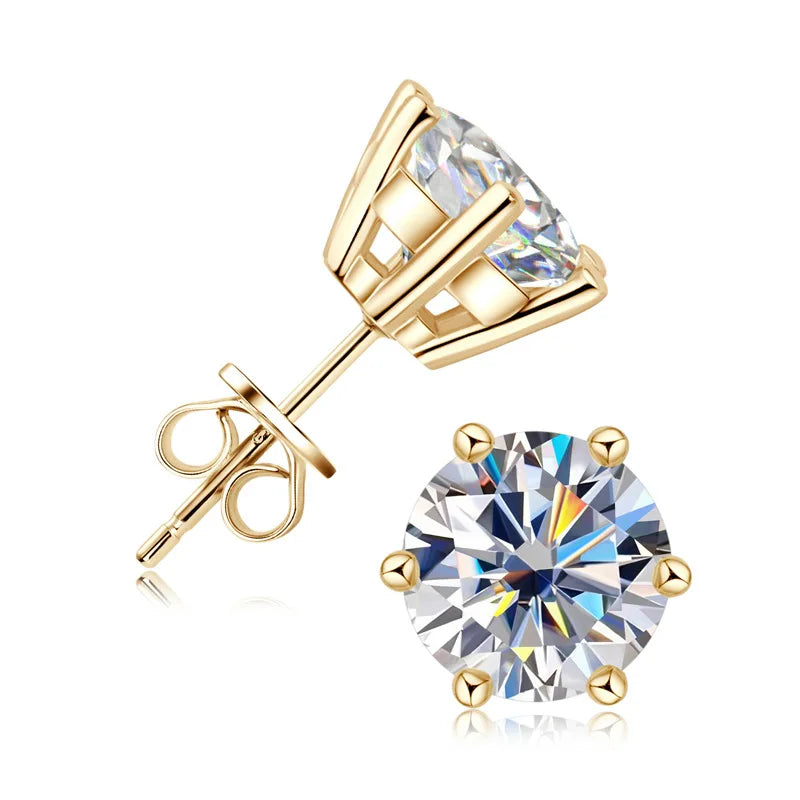 Round Moissanite Stud Earrings in Silver & Gold-Tone Settings — Gold-tone six-prong detail