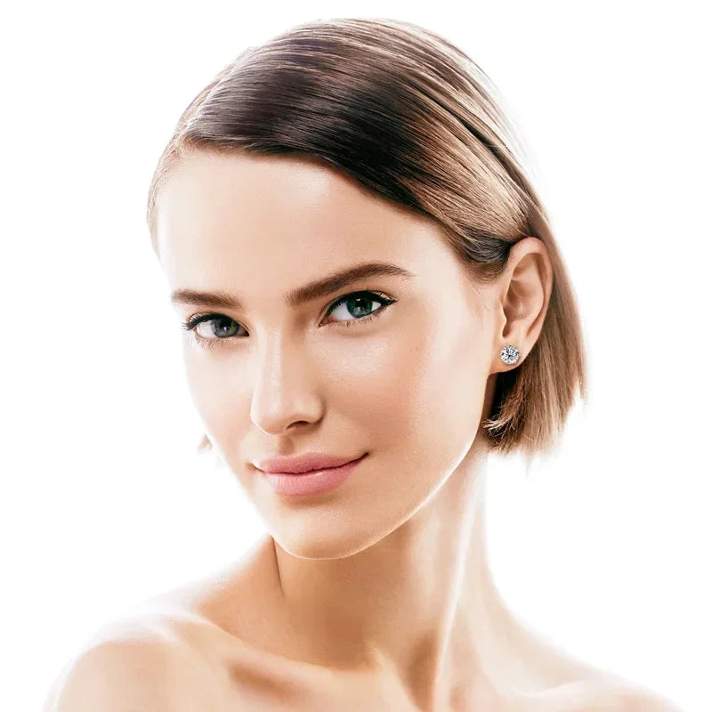 Round Moissanite Stud Earrings in Silver & Gold-Tone Settings — Shown on ear