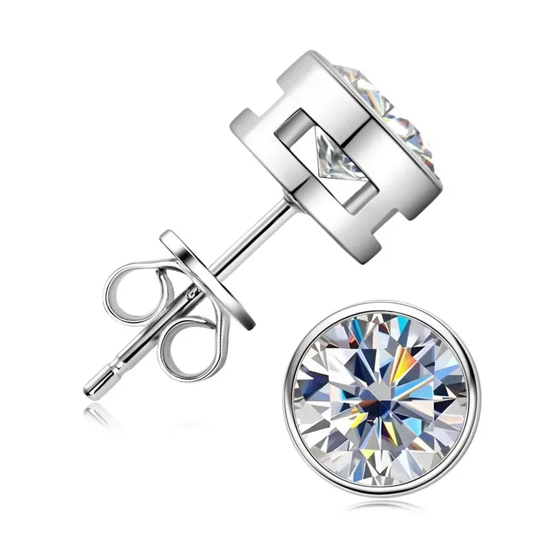 Round Moissanite Stud Earrings in Silver & Gold-Tone Settings — Silver bezel option