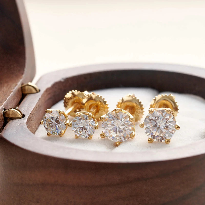 Colored Six-Prong Moissanite Screw-Back Stud Earrings — Gold-tone studs in box