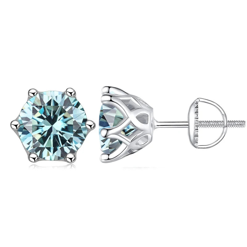 Colored Six-Prong Moissanite Screw-Back Stud Earrings — Blue