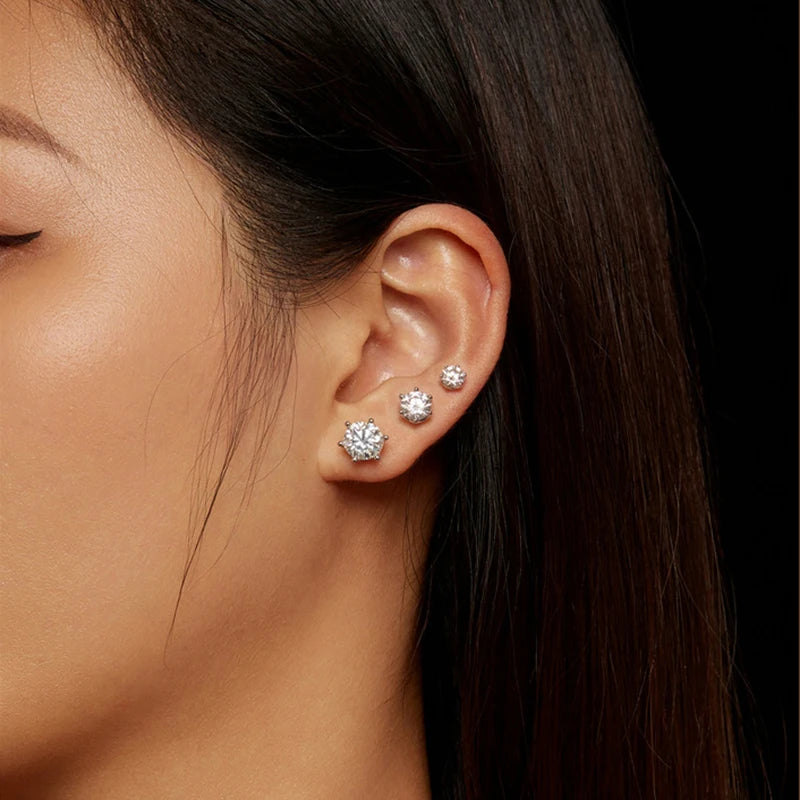 Colored Six-Prong Moissanite Screw-Back Stud Earrings — Sizes shown on ear