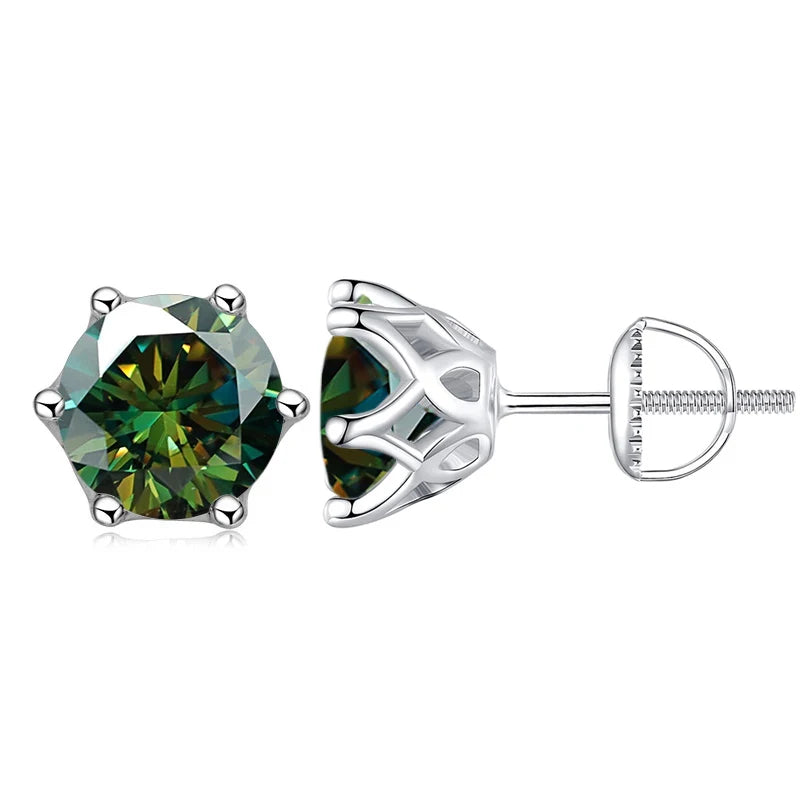 Colored Moissanite Screw-Back Stud Earrings - dark green stone