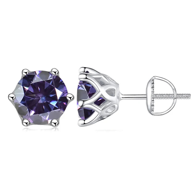 Colored Moissanite Screw-Back Stud Earrings - violet stone
