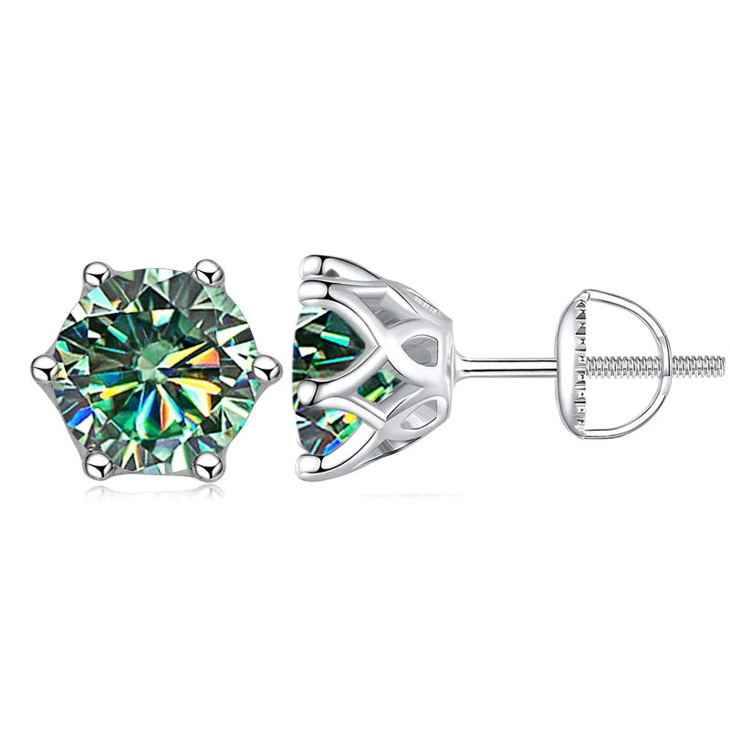 Colored Six-Prong Moissanite Screw-Back Stud Earrings — Blue green